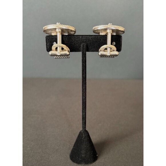 Vintage Delft Swank Nautical Blue Porcelain Sailboat Cufflinks Silver Tone Oval - Picture 11 of 13